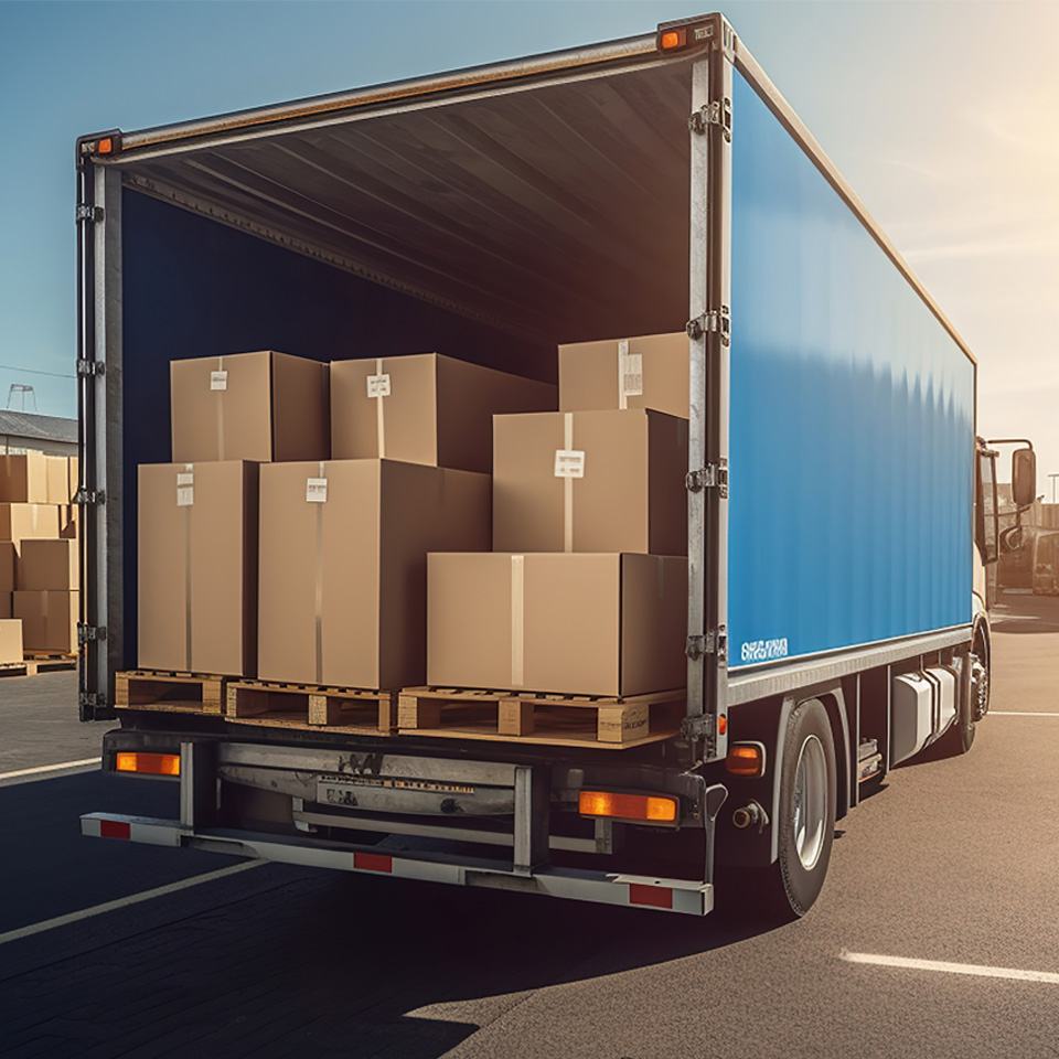 Back of a truck filled with boxes and packages.